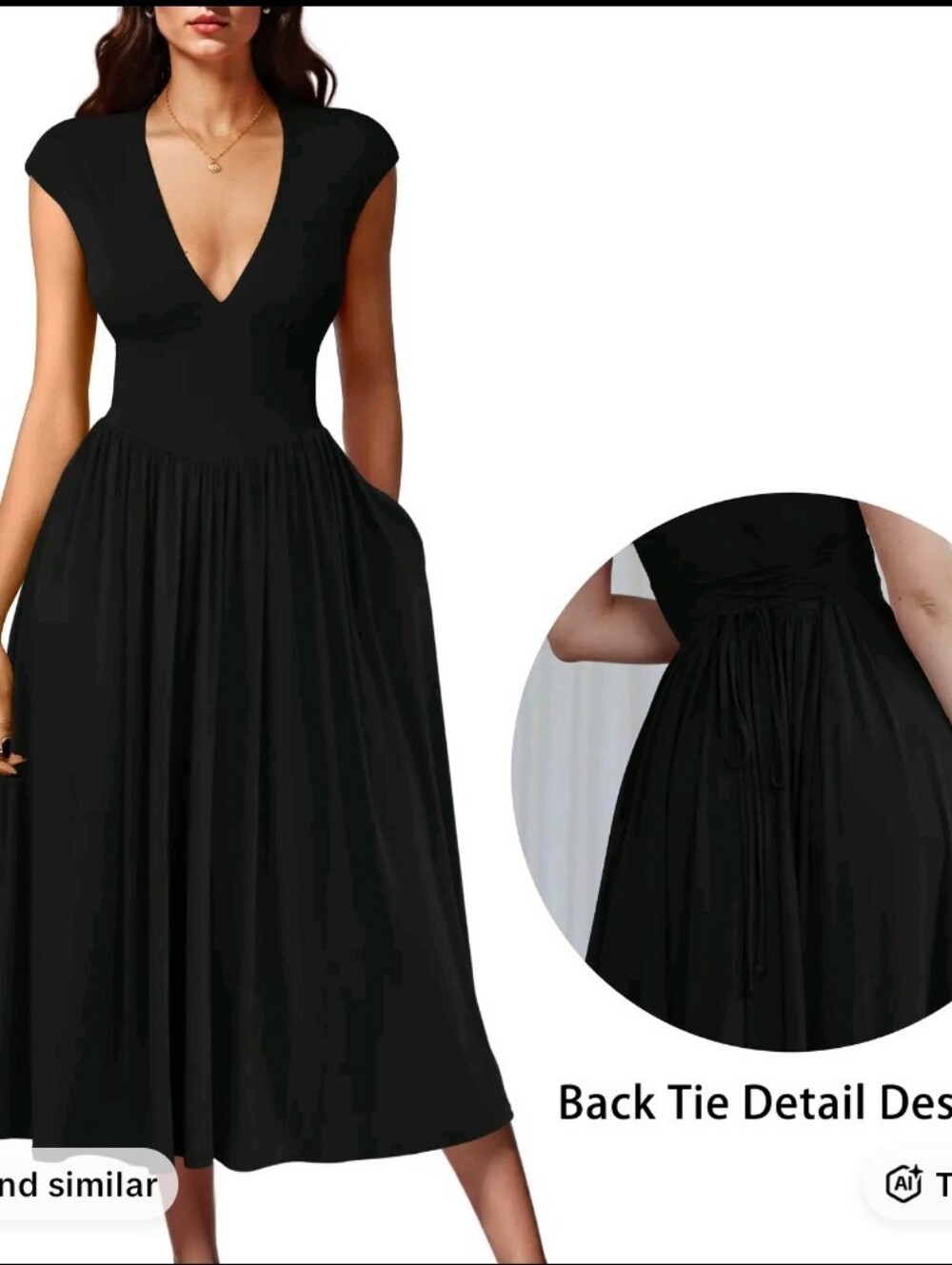 OYS Summer Casual Deep V Neck Cap Sleeve Pleated Swing A Line Midi Dress Black